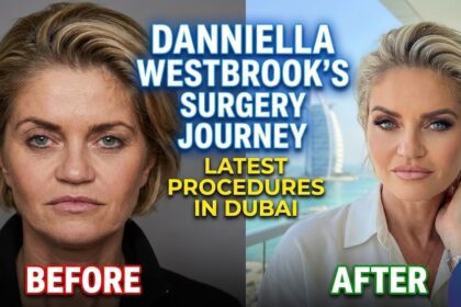 Danniella Westbrook leaving a Dubai hospital in a wheelchair, wearing a pink dress and heavy facial bandages following reconstructive surgery.