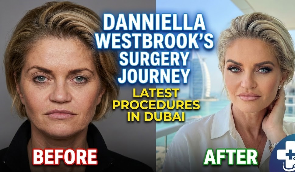 Danniella Westbrook leaving a Dubai hospital in a wheelchair, wearing a pink dress and heavy facial bandages following reconstructive surgery.