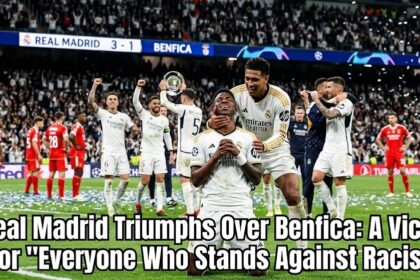 Vinícius Júnior celebrating his 80th-minute goal against Benfica with his signature dance in front of the home fans at the Santiago Bernabéu.