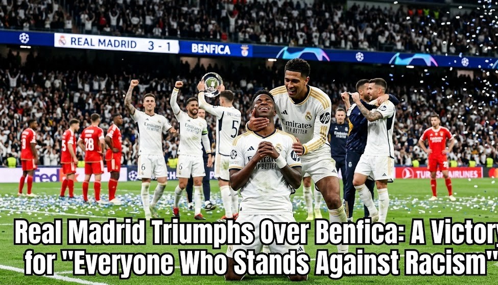 Vinícius Júnior celebrating his 80th-minute goal against Benfica with his signature dance in front of the home fans at the Santiago Bernabéu.