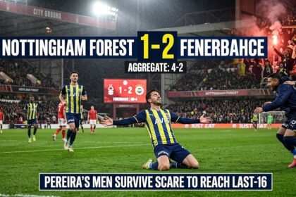 Callum Hudson-Odoi celebrating his goal for Nottingham Forest against Fenerbahce at the City Ground.