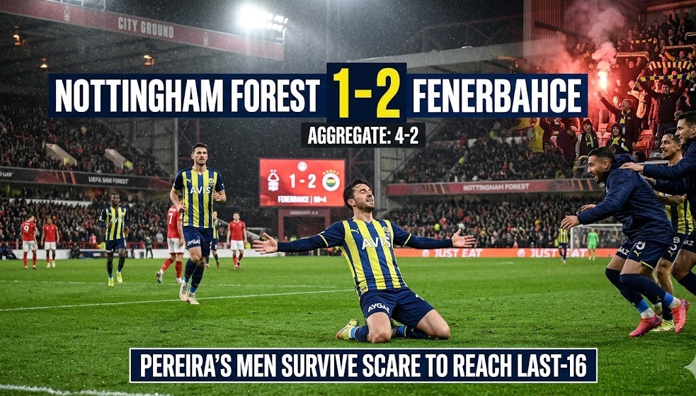 Callum Hudson-Odoi celebrating his goal for Nottingham Forest against Fenerbahce at the City Ground.