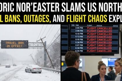 A heavy snowplow clearing a completely snow-covered highway in New York City during a severe winter blizzard.