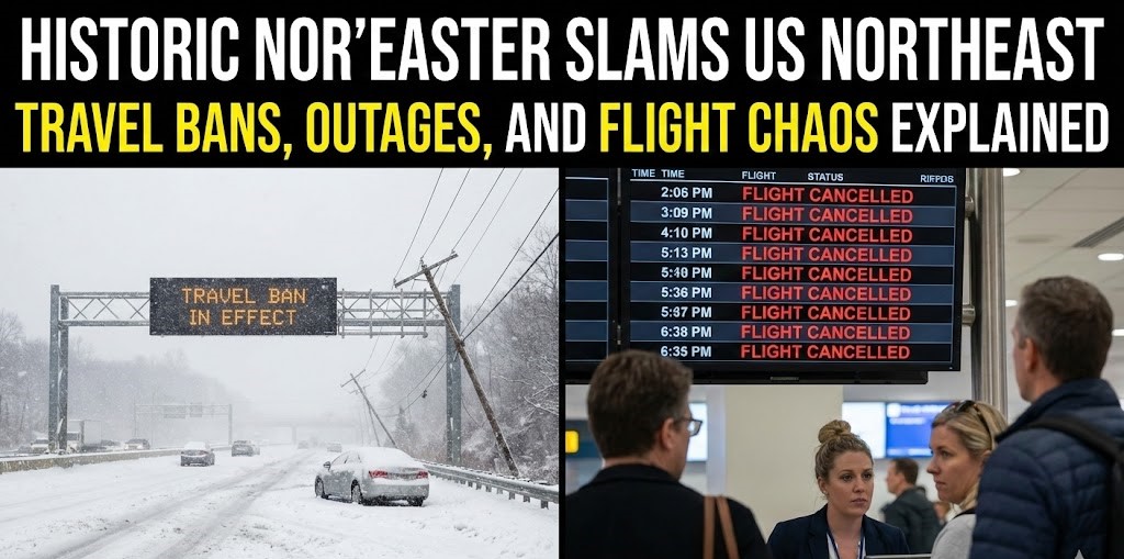 A heavy snowplow clearing a completely snow-covered highway in New York City during a severe winter blizzard.