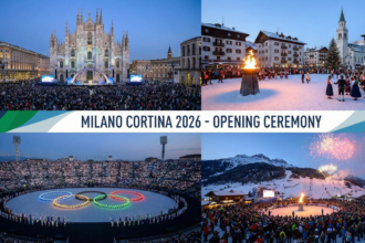 Fireworks exploding over the San Siro stadium in Milan during the 2026 Winter Olympics opening ceremony, with performers on stage.