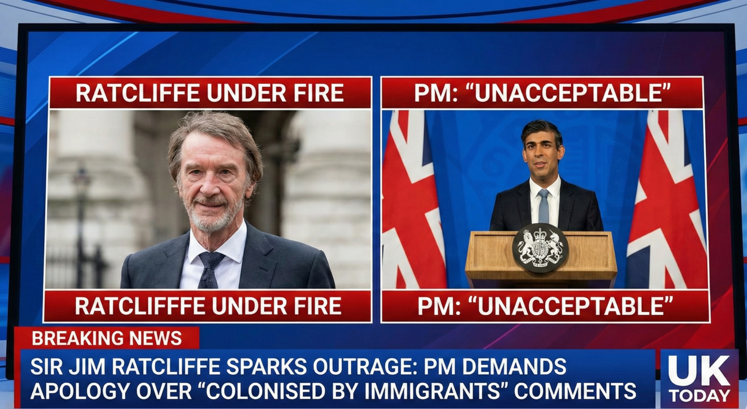 Sir Jim Ratcliffe speaking during an interview, with the Manchester United and Ineos logos visible in the background.