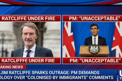 Sir Jim Ratcliffe speaking during an interview, with the Manchester United and Ineos logos visible in the background.