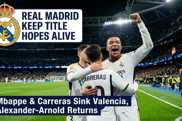 Kylian Mbappe celebrating a goal in a white Real Madrid kit, with Trent Alexander-Arnold warming up on the sideline.