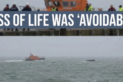 The deflated, skeletal remains of the rubber dinghy involved in the November 2021 Channel crossing disaster.