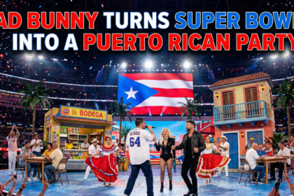 Bad Bunny and Lady Gaga dancing together on stage during the Super Bowl LX Halftime Show, surrounded by a salsa band.