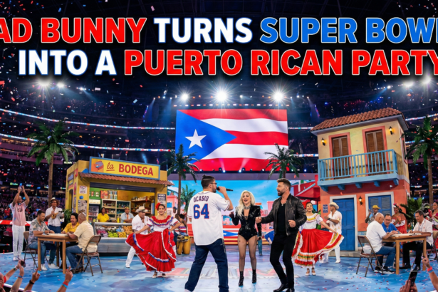 Bad Bunny and Lady Gaga dancing together on stage during the Super Bowl LX Halftime Show, surrounded by a salsa band.