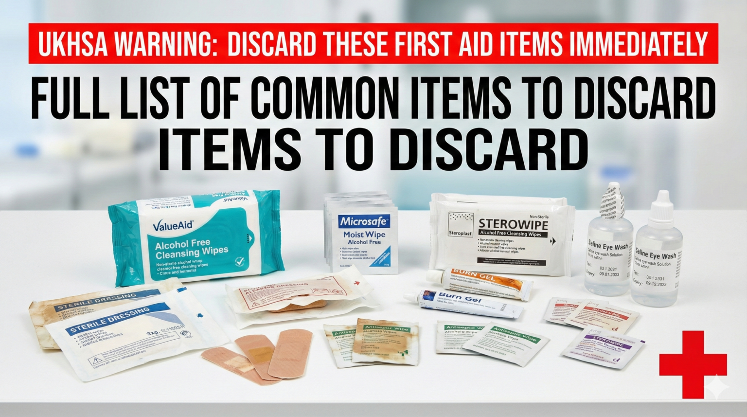 A close-up of a generic first aid kit open on a table, highlighting antiseptic wipes and bandages.