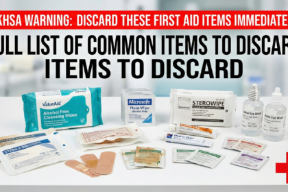 A close-up of a generic first aid kit open on a table, highlighting antiseptic wipes and bandages.