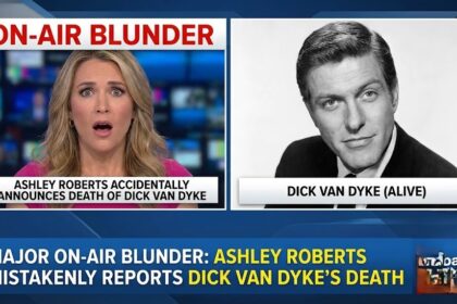 Ashley Roberts speaking into a microphone in a radio studio, next to an image of Dick Van Dyke.