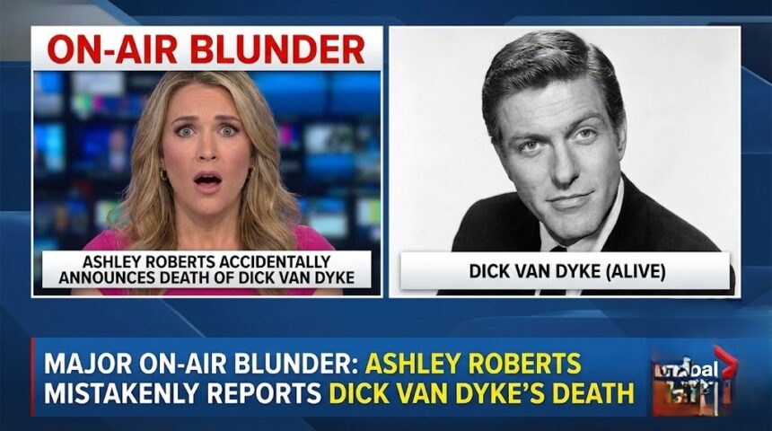 Ashley Roberts speaking into a microphone in a radio studio, next to an image of Dick Van Dyke.