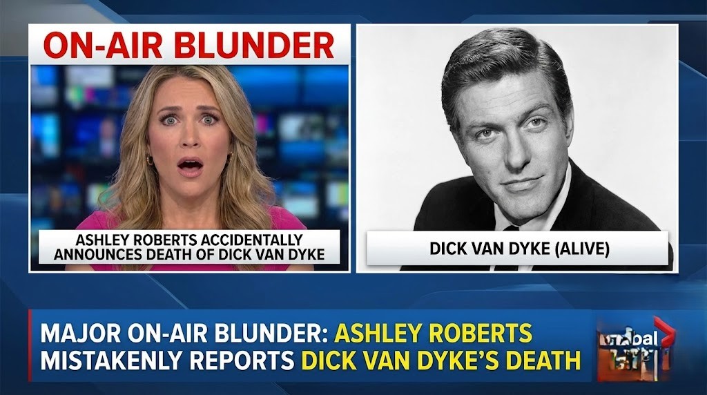 Ashley Roberts speaking into a microphone in a radio studio, next to an image of Dick Van Dyke.