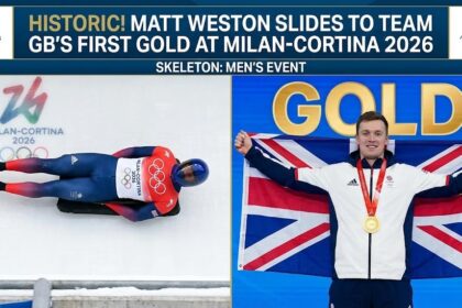 Matt Weston celebrating with the Union Jack flag after winning gold in the men's skeleton at the 2026 Winter Olympics.