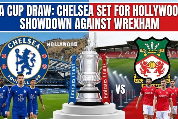 The FA Cup trophy displayed against a split background of Chelsea blue and Wrexham red.