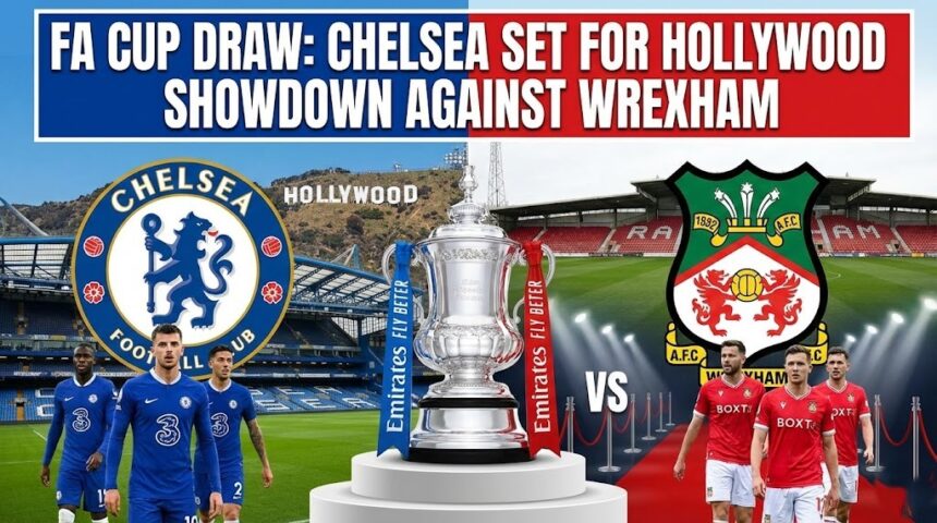 The FA Cup trophy displayed against a split background of Chelsea blue and Wrexham red.