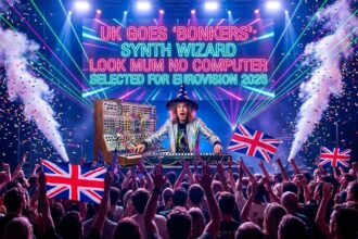 Look Mum No Computer standing in front of a wall of modular synthesizers.