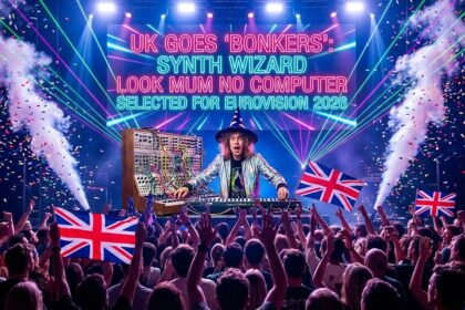 Look Mum No Computer standing in front of a wall of modular synthesizers.