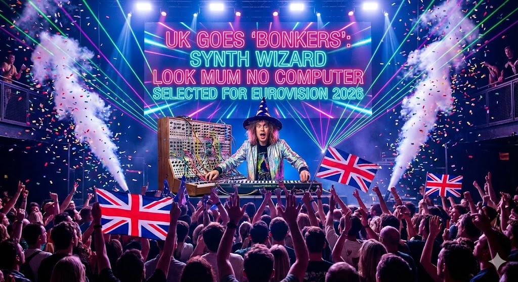 Look Mum No Computer standing in front of a wall of modular synthesizers.