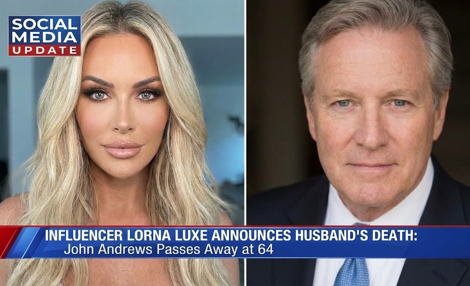 Lorna Luxe and her husband John Andrews smiling together in a black and white photo.