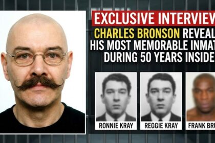 Charles Bronson looking out from behind bars.