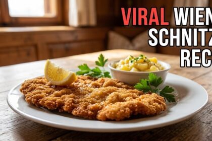 A perfectly golden-brown, rippled Wiener Schnitzel served with lemon and parsley