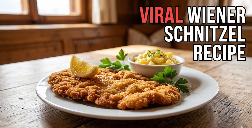 A perfectly golden-brown, rippled Wiener Schnitzel served with lemon and parsley