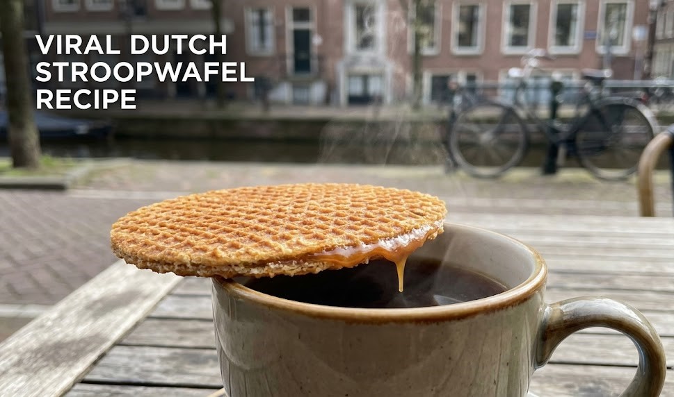 A fresh, golden-brown Dutch stroopwafel being pulled apart to reveal the gooey caramel center.