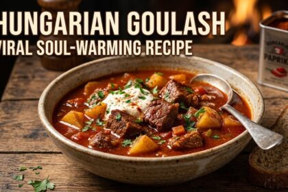 A steaming bowl of rich red Hungarian Goulash served in a cast iron pot with sour cream