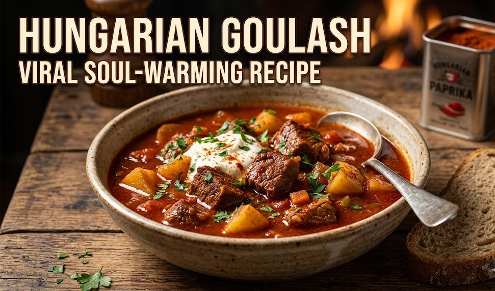 A steaming bowl of rich red Hungarian Goulash served in a cast iron pot with sour cream