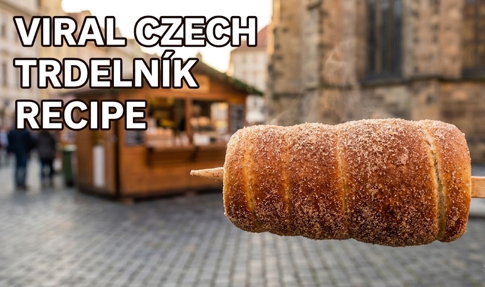 A close-up shot of a golden-brown Trdelník (chimney cake) coated in cinnamon sugar and walnuts, standing upright on a rustic wooden table in a 2026 kitchen.
