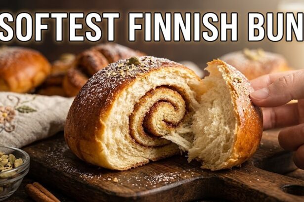 A tray of freshly baked, golden-brown Finnish Korvapuusti (cardamom cinnamon buns) topped with pearl sugar on a rustic wooden board in 2026.