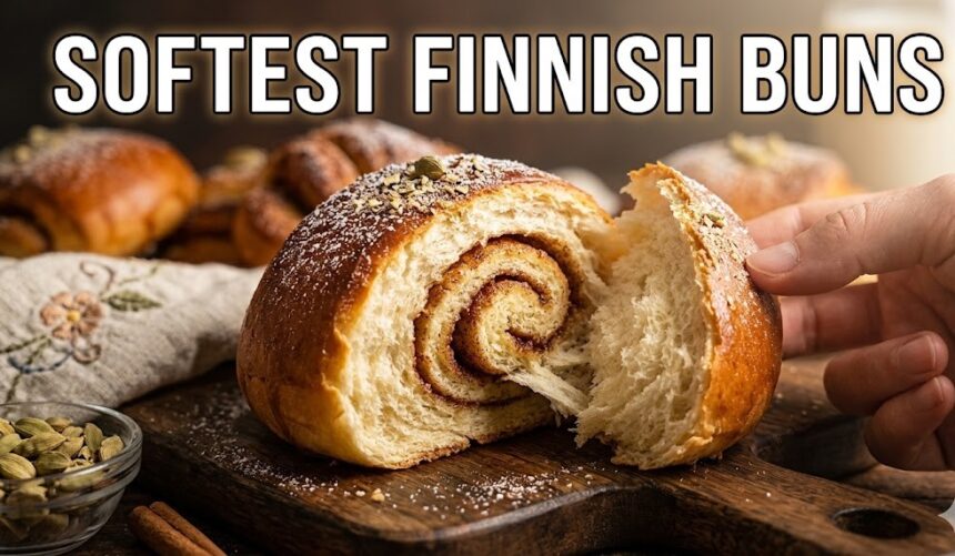 A tray of freshly baked, golden-brown Finnish Korvapuusti (cardamom cinnamon buns) topped with pearl sugar on a rustic wooden board in 2026.