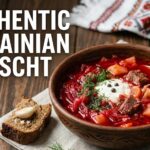 A bowl of deep ruby-red Ukrainian Borscht topped with a dollop of white sour cream and fresh green dill.