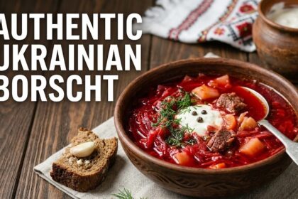 A bowl of deep ruby-red Ukrainian Borscht topped with a dollop of white sour cream and fresh green dill.