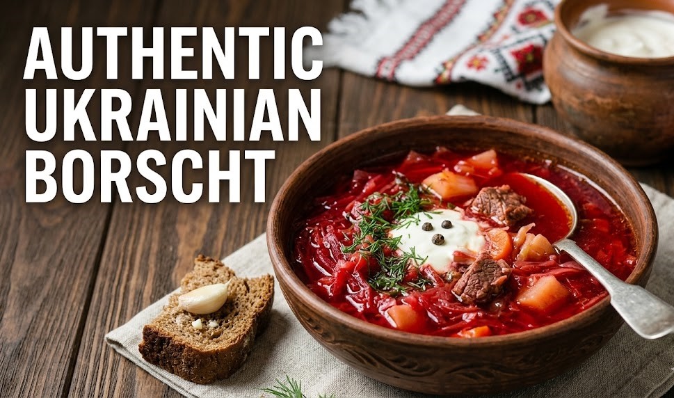 A bowl of deep ruby-red Ukrainian Borscht topped with a dollop of white sour cream and fresh green dill.