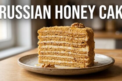 A tall, elegant 8-layer Russian Honey Cake (Medovik) with smooth mascarpone frosting and golden caramel decorations on a rustic table in 2026.