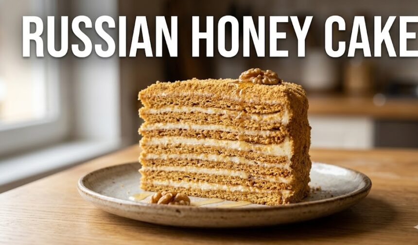 A tall, elegant 8-layer Russian Honey Cake (Medovik) with smooth mascarpone frosting and golden caramel decorations on a rustic table in 2026.