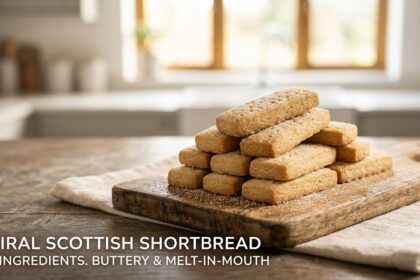 A stack of golden, rectangular shortbread cookies with skewer-poked holes and a dusting of granulated sugar on a 2026 tea table.