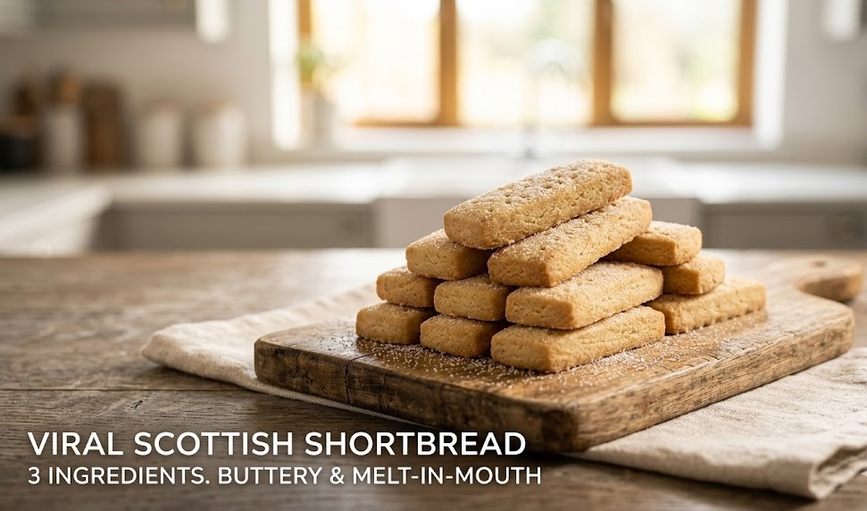 A stack of golden, rectangular shortbread cookies with skewer-poked holes and a dusting of granulated sugar on a 2026 tea table.