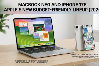 A row of colorful MacBook Neo laptops in pink, blue, and yellow sitting next to the new iPhone 17e.