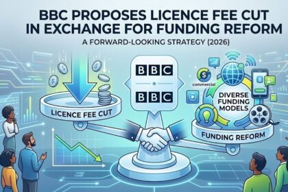 The BBC Broadcasting House in London with the corporate logo clearly visible against a spring sky.