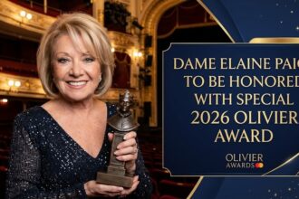 Dame Elaine Paige smiling at the Olivier Awards announcement, flanked by a 50th-anniversary Olivier statue.