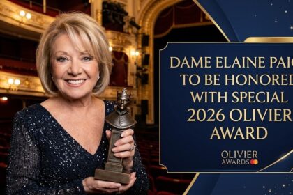 Dame Elaine Paige smiling at the Olivier Awards announcement, flanked by a 50th-anniversary Olivier statue.