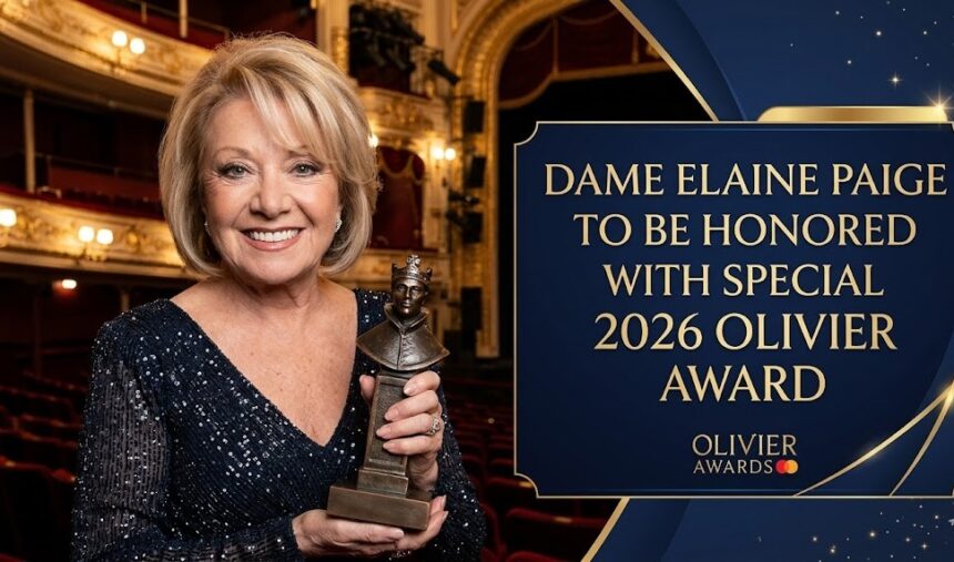 Dame Elaine Paige smiling at the Olivier Awards announcement, flanked by a 50th-anniversary Olivier statue.