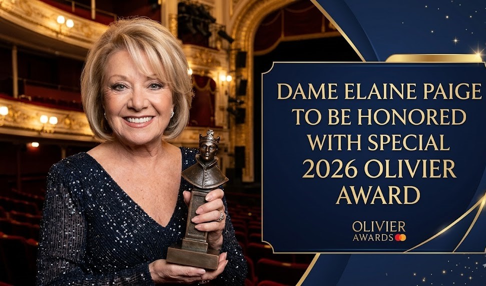 Dame Elaine Paige smiling at the Olivier Awards announcement, flanked by a 50th-anniversary Olivier statue.