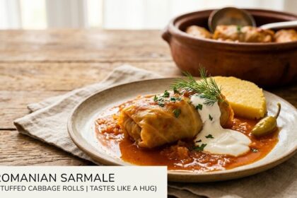 A bubbling Dutch oven filled with golden-brown Romanian cabbage rolls topped with crispy smoked bacon slices.